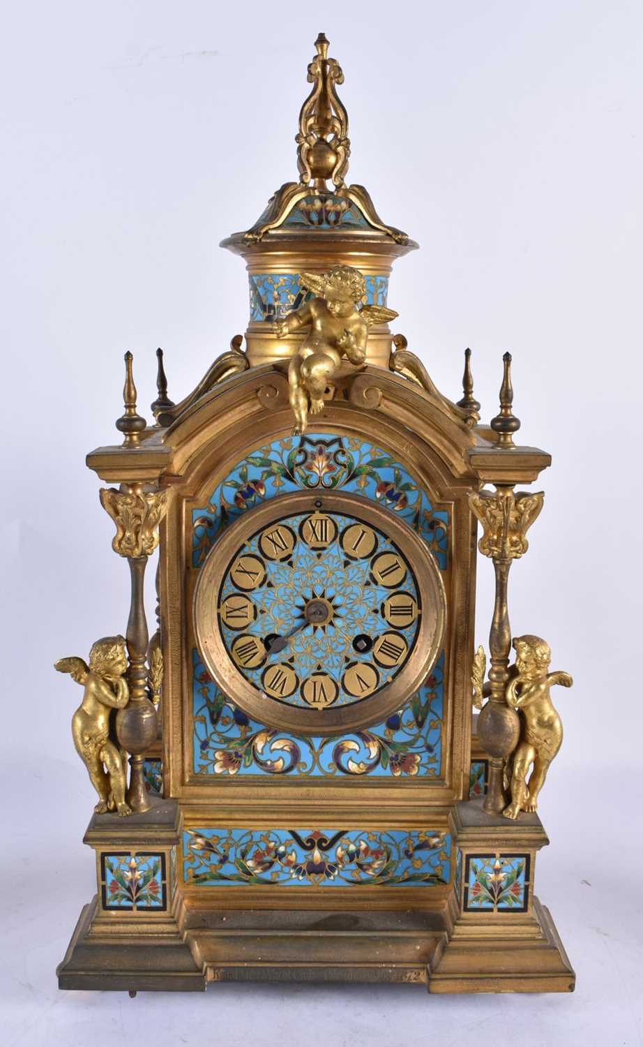 A FINE 19TH CENTURY FRENCH ORMOLU AND CHAMPLEVE ENAMEL CLOCK GARNITURE formed with putti amongst - Image 2 of 9