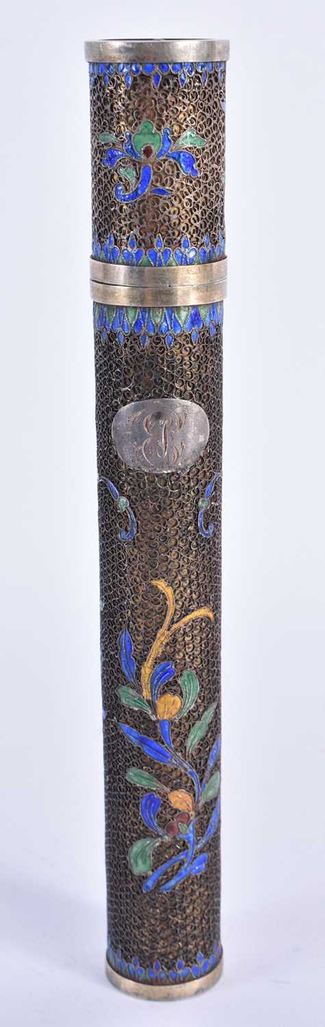 A RARE LATE 19TH CENTURY CHINESE SILVER AND ENAMEL CYLINDRICAL HOLDER AND COVER Qing, decorated with