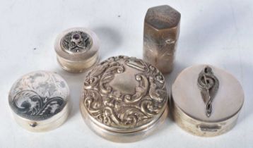 Five Silver Pill Boxes. Various marks incl 925. Largest 2.3cm x 4.5cm. Total weight 72g (5)