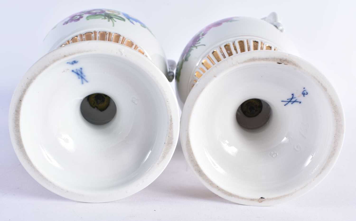 A LARGE PAIR OF EARLY 20TH CENTURY GERMAN TWIN HANDLED MEISSEN PORCELAIN VASES painted with floral - Image 5 of 9