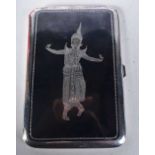 A Silver and Enamel Cigarette Case with a figure of a Siamese Dancer in Silver on the cover. Stamped