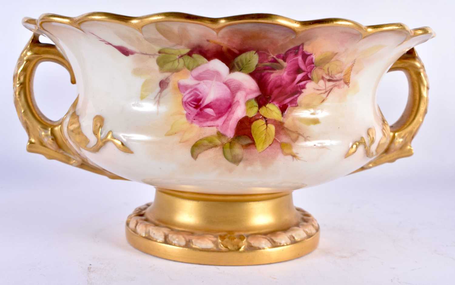 A ROYAN WORCESTER TWIN HANDLED PORCELAIN ROSE PAINTED BOWL. 24 cm x 13 cm. - Image 2 of 7