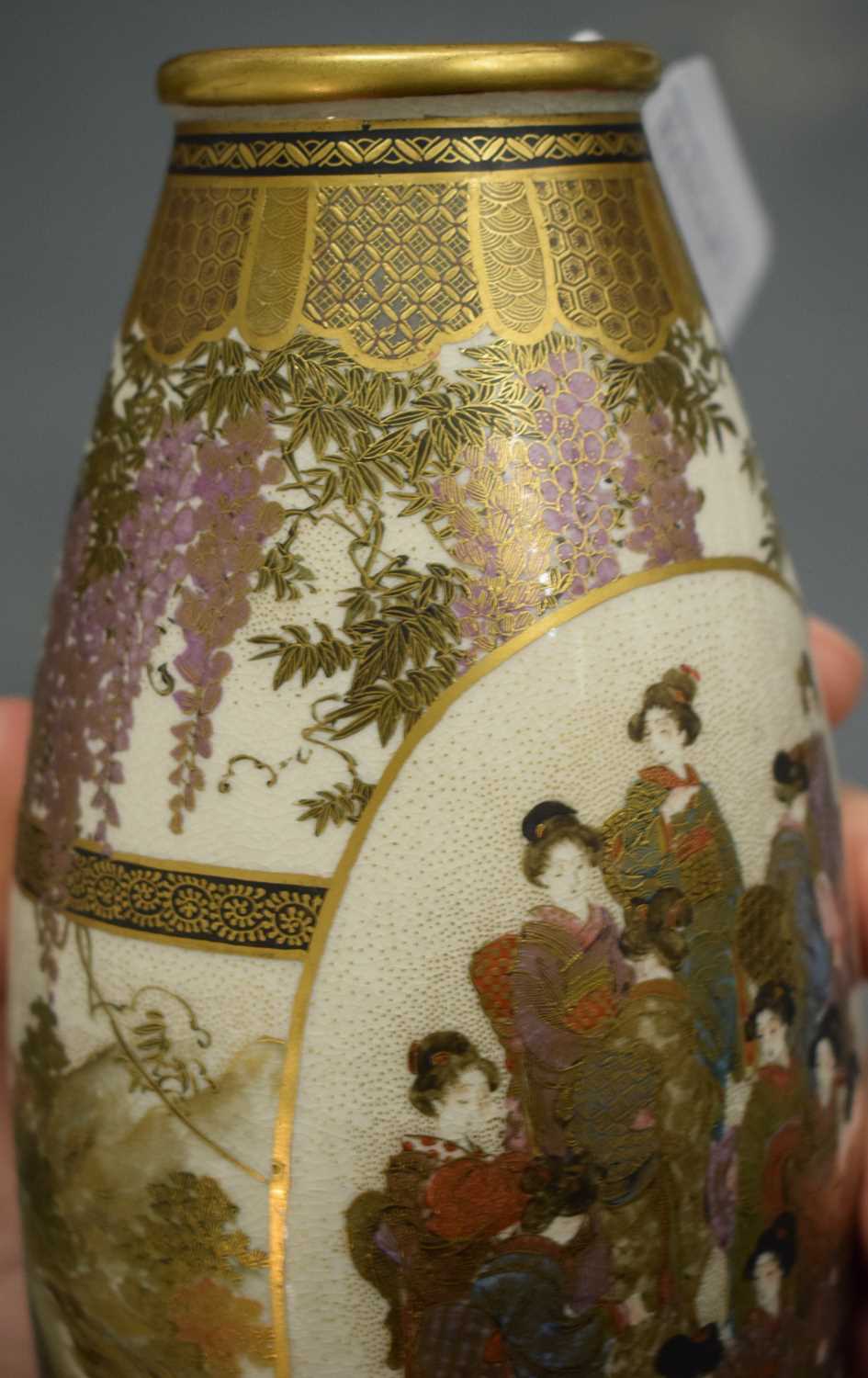 A PAIR OF LATE 19TH CENTURY JAPANESE MEIJI PERIOD SATSUMA POTTERY VASES painted with a group of - Image 15 of 25