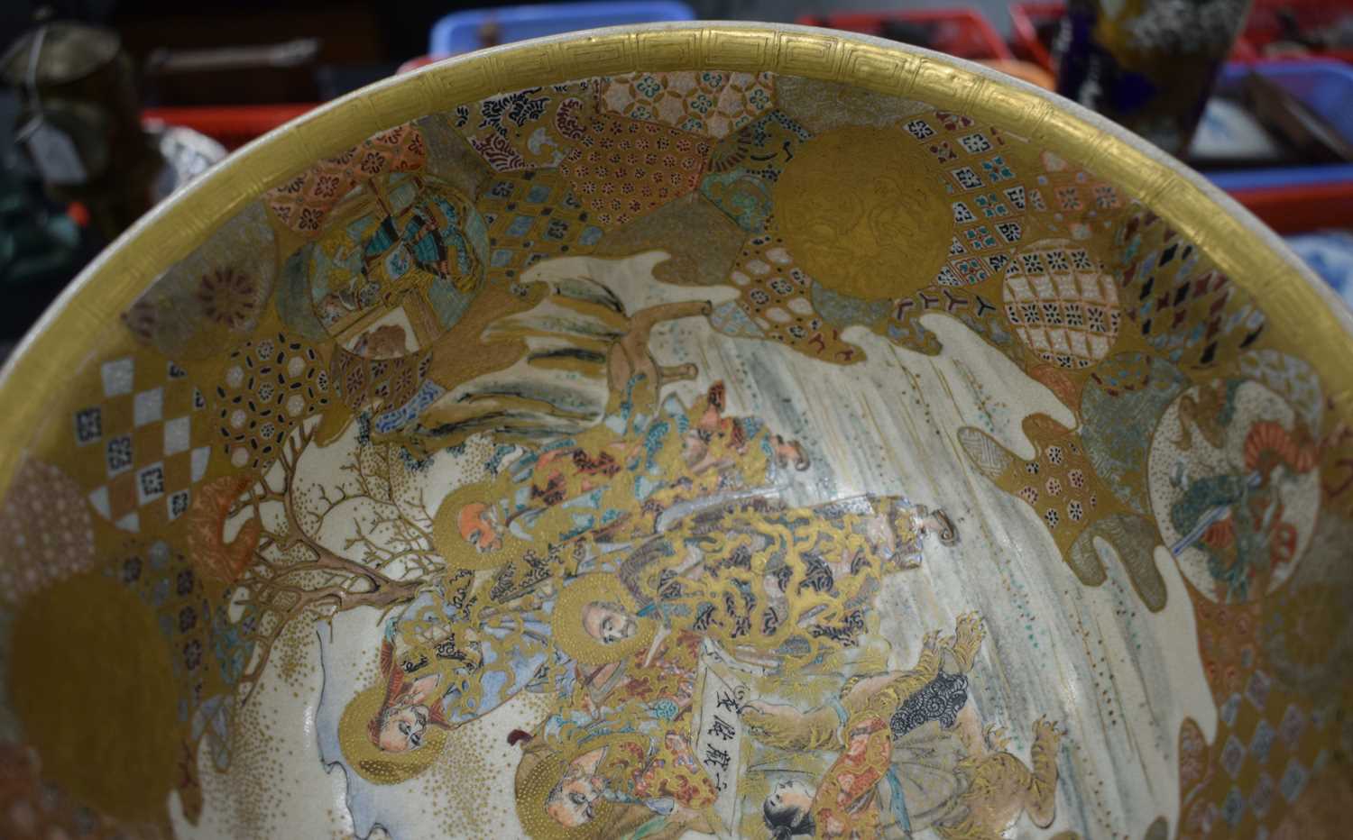 A LARGE 19TH CENTURY JAPANESE MEIJI PERIOD SATSUMA BOWL painted with immortals within landscapes, - Image 12 of 18