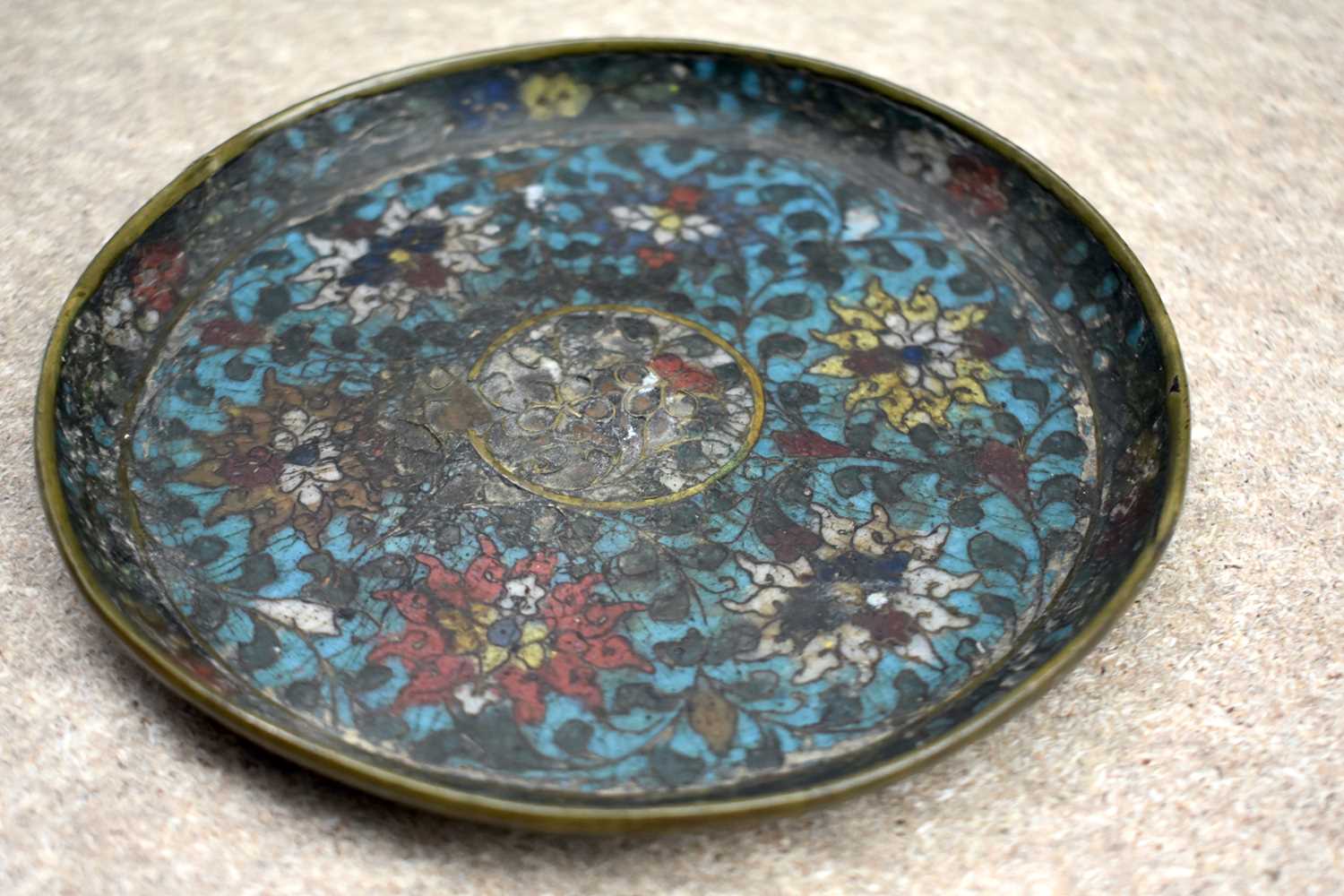 A VERY UNUSUAL 15TH CENTURY CHINESE CLOISONNE ENAMEL PLATE Ming, decorated with lotus to top and - Image 14 of 18
