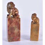 TWO 19TH CENTURY CHINESE CARVED SOAPSTONE SEALS Qing. Largest 9.5 cm high. (2)