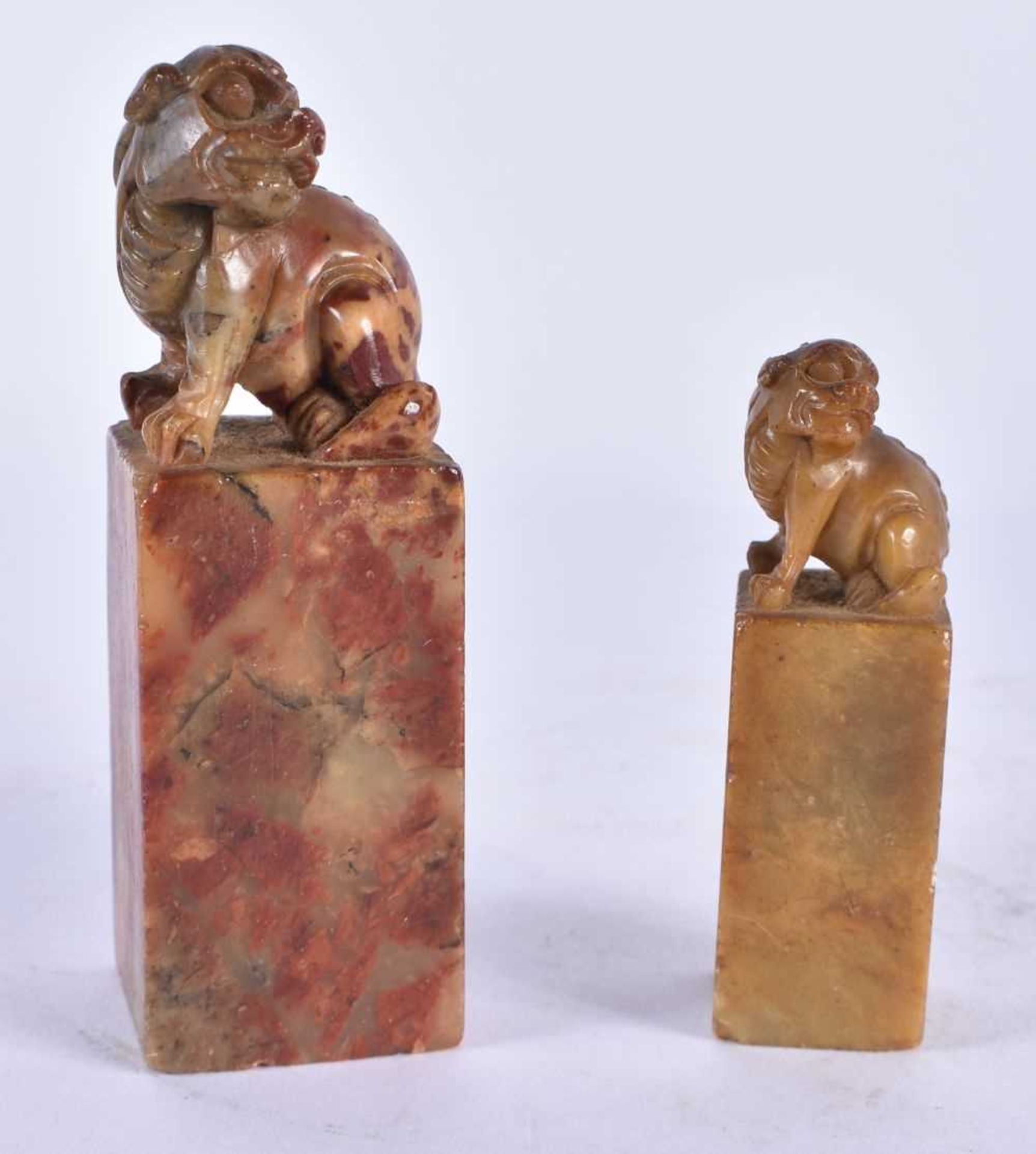 TWO 19TH CENTURY CHINESE CARVED SOAPSTONE SEALS Qing. Largest 9.5 cm high. (2)
