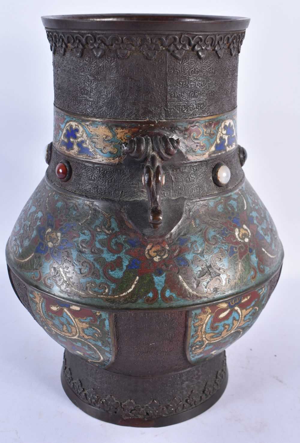 A LARGE 19TH CENTURY CHINESE CHAMPLEVE BRONZE AND HARDSTONE VASE decorated with flowers. 32 cm x - Image 4 of 7