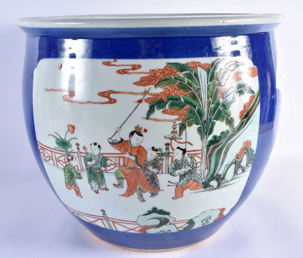 A LARGE 19TH CENTURY CHINESE POWDER BLUE FAMILLE VERTE ENAMELLED JARDINIERE Kangxi style, painted - Image 5 of 29