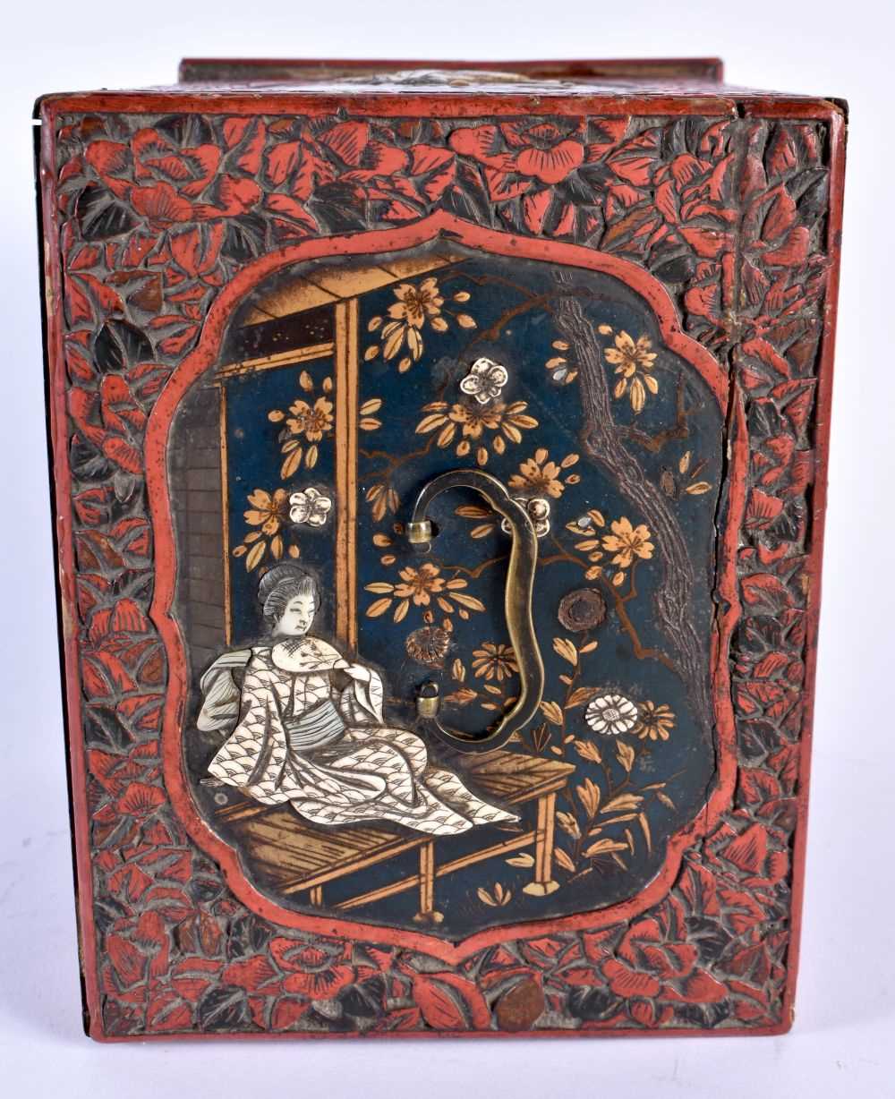 A 19TH CENTURY JAPANESE MEIJI PERIOD CINNABAR LACQUER KODANSU CABINET decorated with figures in - Image 5 of 6