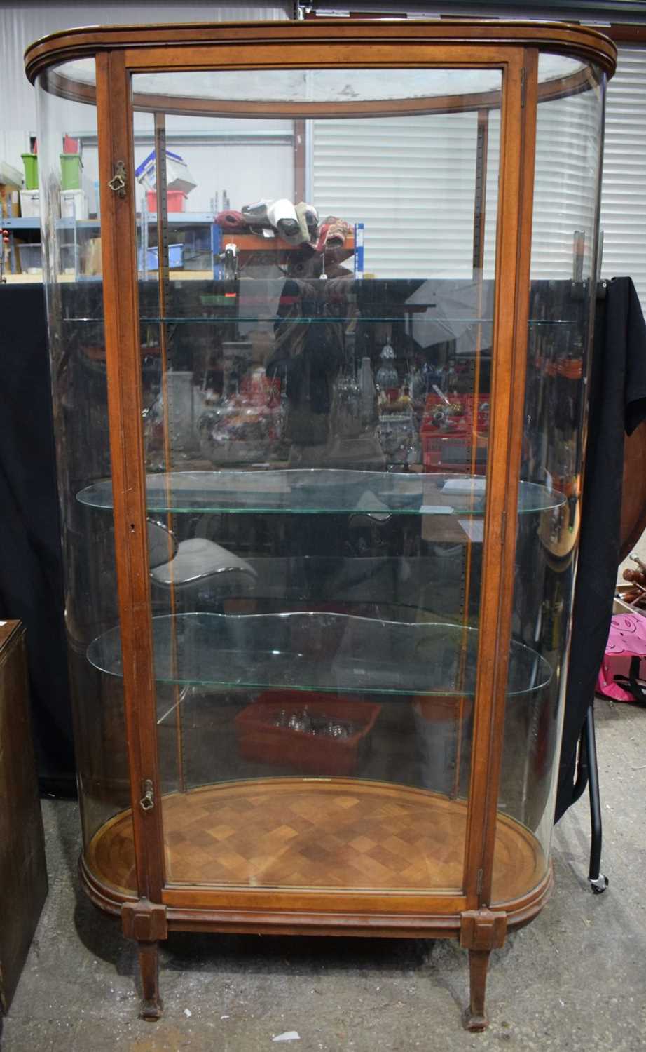A large mahogany Edwardian bow fronted glass display cabinet with glass shelves and a wooden - Image 7 of 9