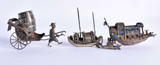 A RARE LATE 19TH CENTURY CHINESE SILVER AND ENAMEL BOAT Late Qing, together with another silver boat