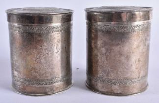 A PAIR OF ANTIQUE CONTINENTAL SILVER COIN INSET BOXES AND COVERS. 344 grams. 9 cm x 7.25 cm.