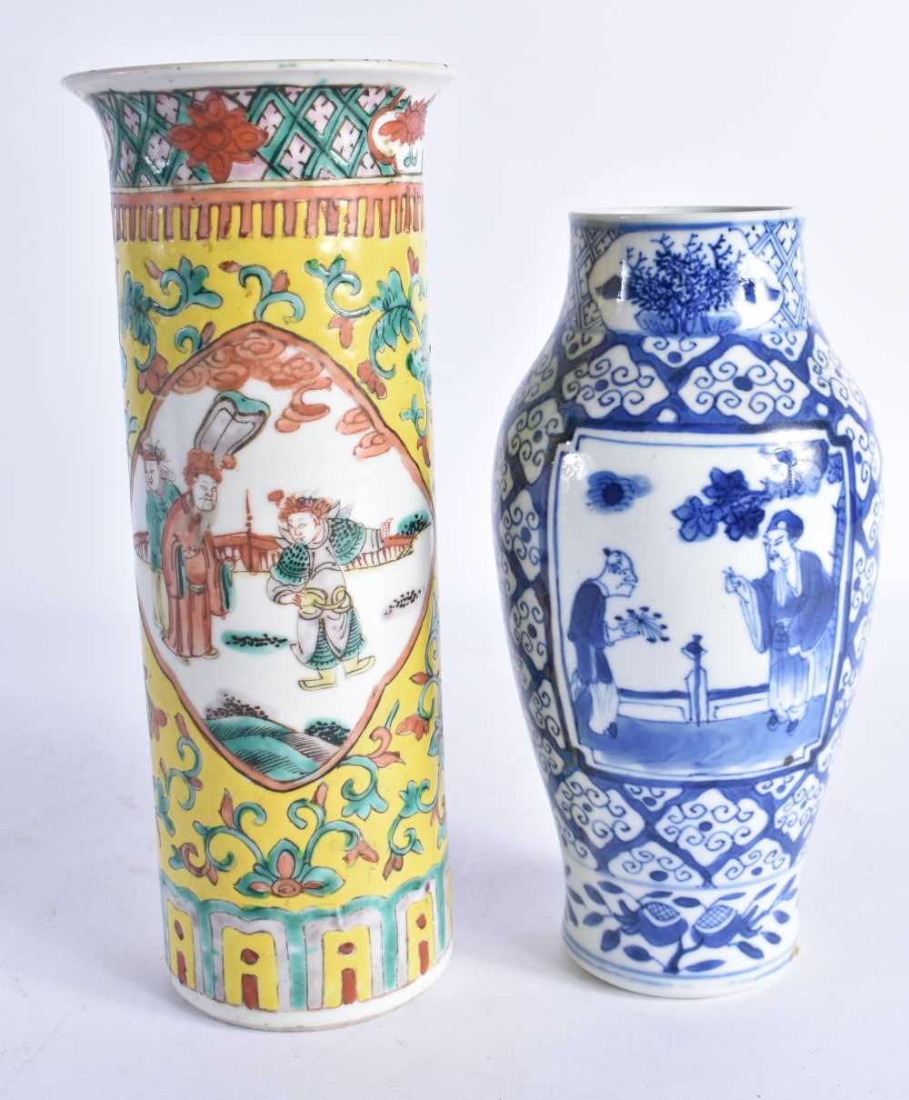 A 19TH CENTURY CHINESE FAMILLE JAUNE SLEEVE VASE Qing, together with a ox blood vase & a blue and - Image 5 of 8