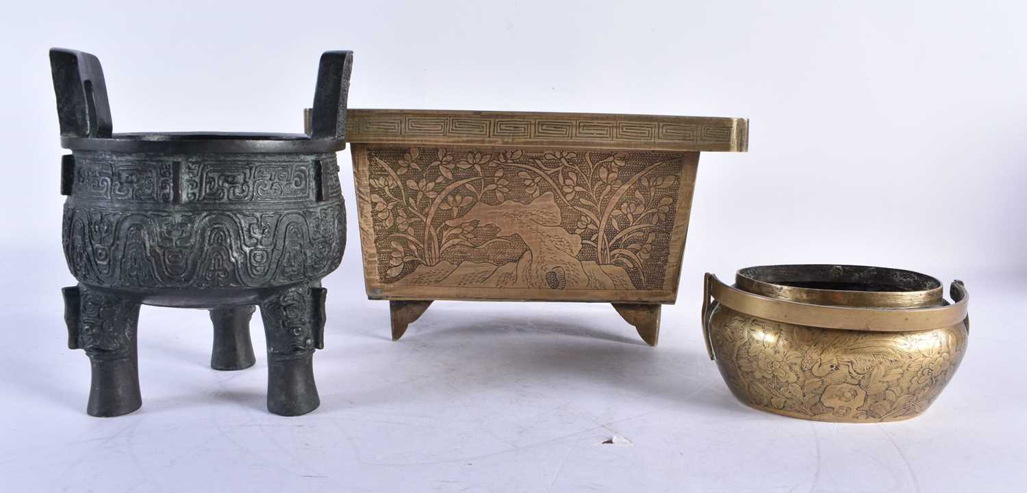 A 19TH CENTURY CHINESE ENGRAVED BRONZE CENSER Qing, together with another bronze censer & bronze