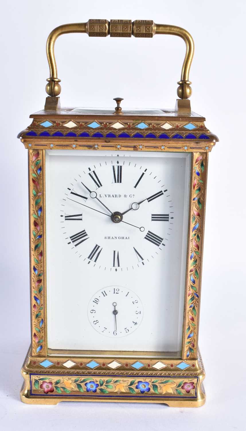 A VERY GOOD 19TH CENTURY FRENCH CHINESE MARKET ENAMELLED GILT BRONZE REPEATING CARRIAGE CLOCK the