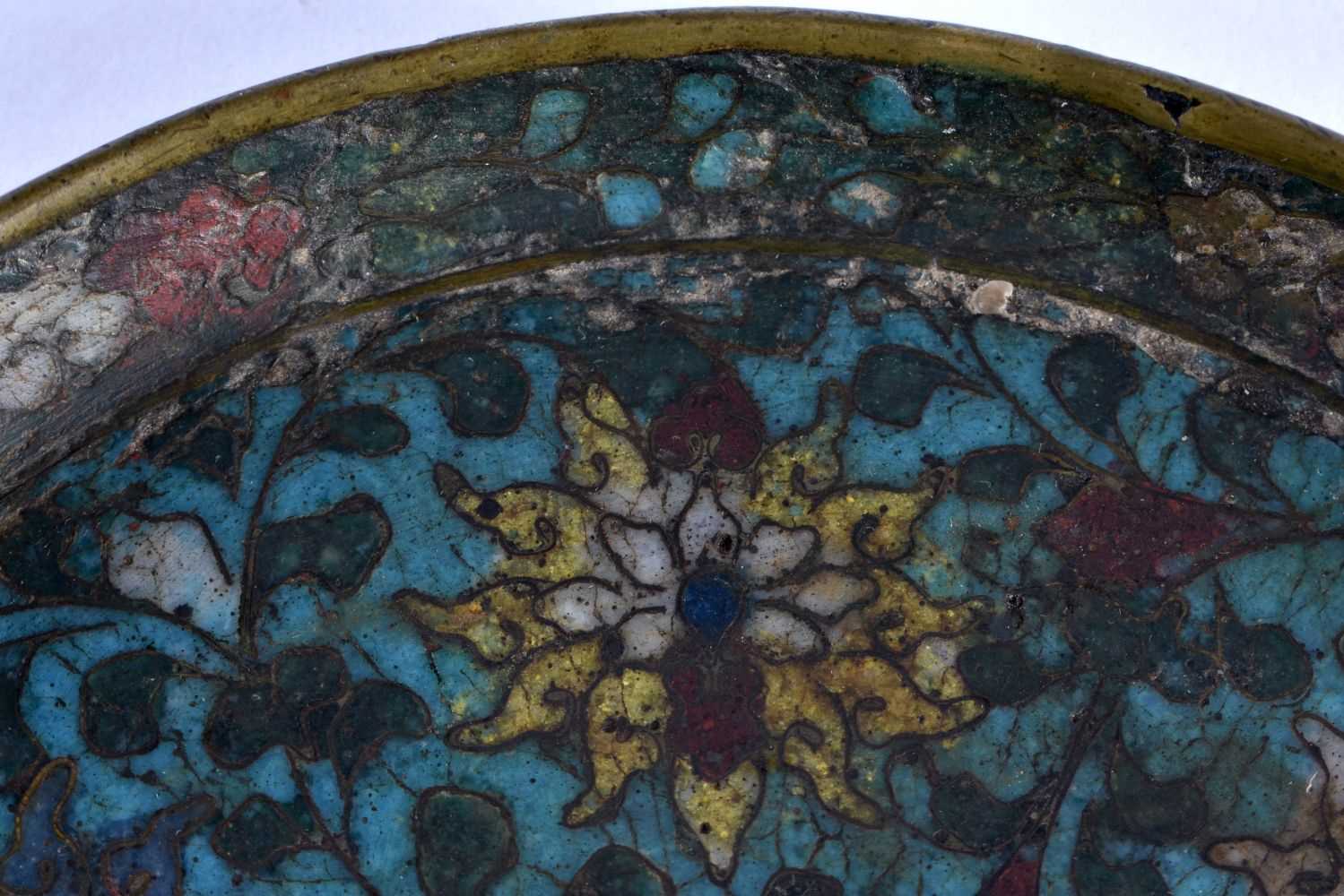 A VERY UNUSUAL 15TH CENTURY CHINESE CLOISONNE ENAMEL PLATE Ming, decorated with lotus to top and - Image 2 of 18