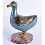 AN EARLY 19TH CENTURY CHINESE CLOISONNE ENAMEL STANDING DUCK Jiaqing. 14 cm x 8 cm.