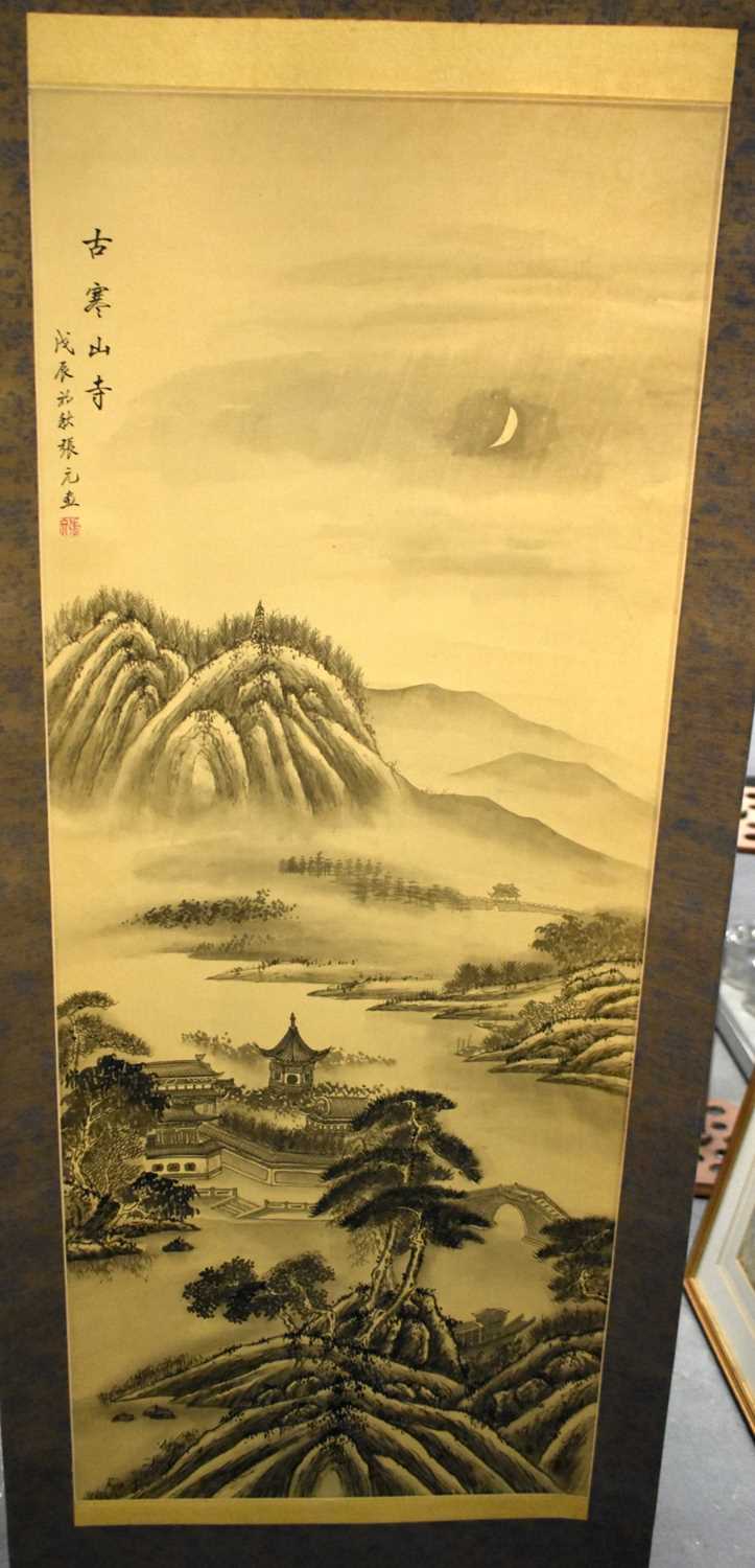 AN EARLY 20TH CENTURY CHINESE PAINTED INK WORK LANDSCAPE SCROLL Late Qing/Republic. 188 cm x 65 cm. - Image 2 of 6