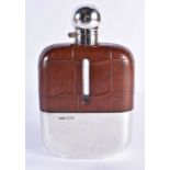A Leather Covered Silver and Glass Hip Flask by James Dixon and Sons. Hallmarked Sheffield 1924,