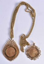 Two Victorian Gold Sovereign Pendants (dated 1874 and 1879) with associated chain necklace. Chain