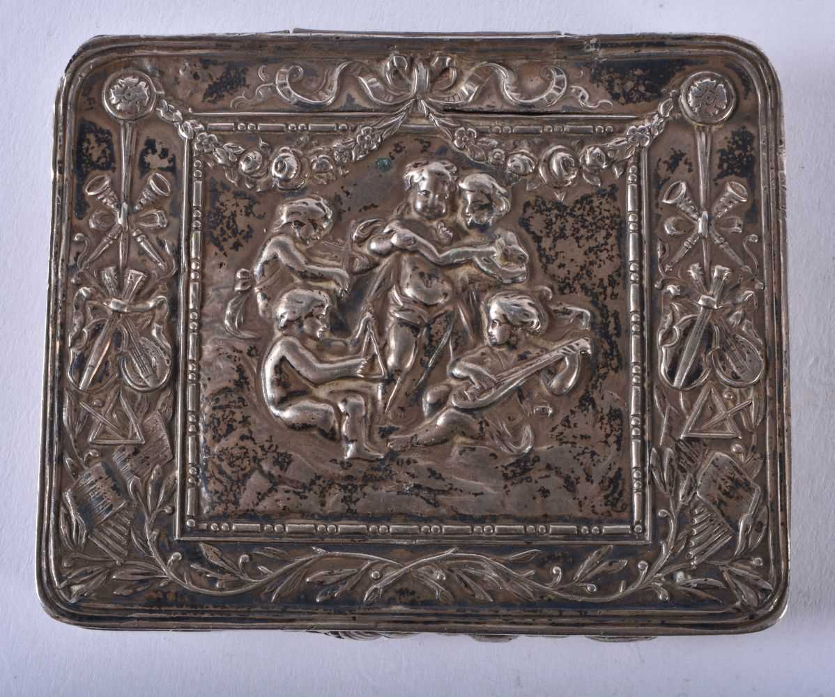 A German Silver Cigarette Box decorated with embossed Cherubs. Stamped 800. 8cm x 6.6cm x 1cm,