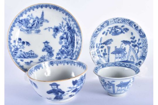 TWO 18TH CENTURY CHINESE EXPORT BLUE AND WHITE TEABOWLS AND SAUCERS Kangxi to Qianlong. Largest 13 - Image 1 of 13