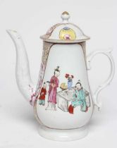 A CHRISTIAN'S PORCELAIN COFFEE POT AND COVER, c.1770's, of baluster form, painted in polychrome