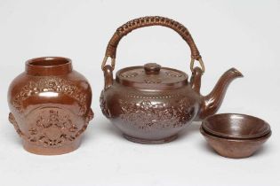 A SALTGAZE STONEWARE DRUG JAR, early 19th century, of ovoid form, with unlabelled banner over the