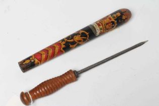 A VICTORIAN POLICE TRUNCHEON, with concealed 7 3/4" blade, ribbed wood grip and painted body with