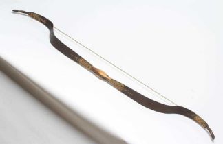 A MUGHAL STYLE STEEL BOW with two piece bone grip, horse bow form, gilt foliate decoration and gut