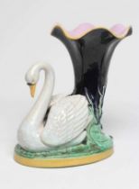 A LATE VICTORIAN JOSEPH HOLDCROFT MAJOLICA VASE modelled as a swan beside a blue glazed