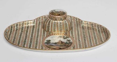 A POTSCHAPPEL PORCELAIN DESK STANDISH, mid 19th century, of shaped oval form with integral oval well