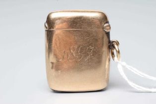 A LATE VICTORIAN 9CT GOLD VESTA CASE, Chester 1896, of plain rounded oblong form, engraved with