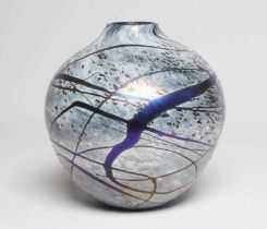 PETER LAYTON (b.1937), a studio bowl of globular form, blown iridescent glass, signed to the based