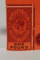 1912/24 GIBRALTAR £1 DULL PURPLE AND BLACK, plate number corner marginal (Est. plus 24% premium inc.