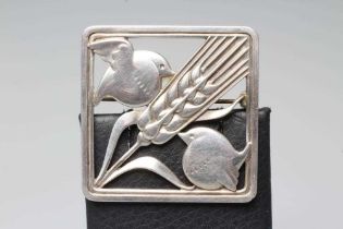 A GEORG JENSEN SILVER SQUARE BROOCH designed by Arno Malinowski as two birds with a wheat ear,
