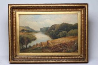 G WRIGHT (19th century) Corn Stooks on a Riverbank, signed, oil on canvas, 20" x 30", swept gilt