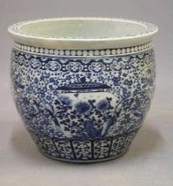 A LARGE CHINESE PORCELAIN JARDINIERE of baluster form painted in underglaze blue with panels of