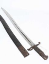 A BRITISH 1860 PATTERN YAGATAN BAYONET with 23" blade, typical hilt and leather scabbard, 29"