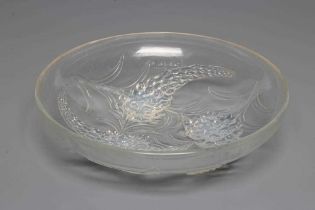 A LALIQUE VERONIQUE PATTERN SHALLOW BOWL, the exterior moulded with flower bracts, moulded mark, 8