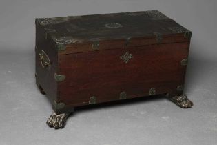 A BRASS MOUNTED CAMPHOR WOOD SILVER CHEST, late 18th century (?), the hinged lid with central