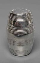 A LATE GEORGE III SILVER CAYENNE PEPPER CASTER, maker's mark IS, London 1796, of barrel form