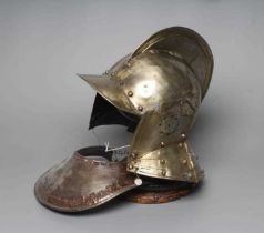 A REPRODUCTION BURGONET HELMET with high medial ridge, rounded peak, neck and ear guards, together