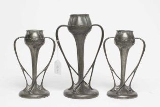 ARCHIBALD KNOX FOR LIBERTY - A TUDRIC PEWTER TULIP VASE, the two sinuous handles with bifurcated