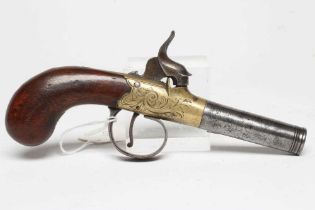 A PERCUSSION POCKET PISTOL by Mills of London, with 2 3/8" steel barrel, brass rounded action