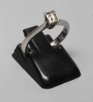 A SOLITAIRE DIAMOND RING, the Princess cut stone of 0.36cts, claw set to a plain platinum shank,