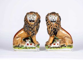 A PAIR OF VICTORIAN STAFFORDSHIRE POTTERY VAN AMBURGH LION AND LAMB FLATBACK MODELS, well moulded