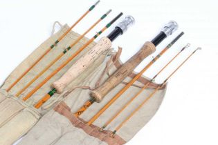 TWO HARDY THE "L.R.H. DRY FLY" SPLIT CANE FISING RODS, both #6 three piece rods with spare tips,