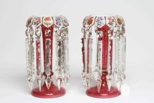 A PAIR OF LATE 19TH CENTURY CRANBERRY GLASS LUSTRES, of typical form, the everted fold over rims